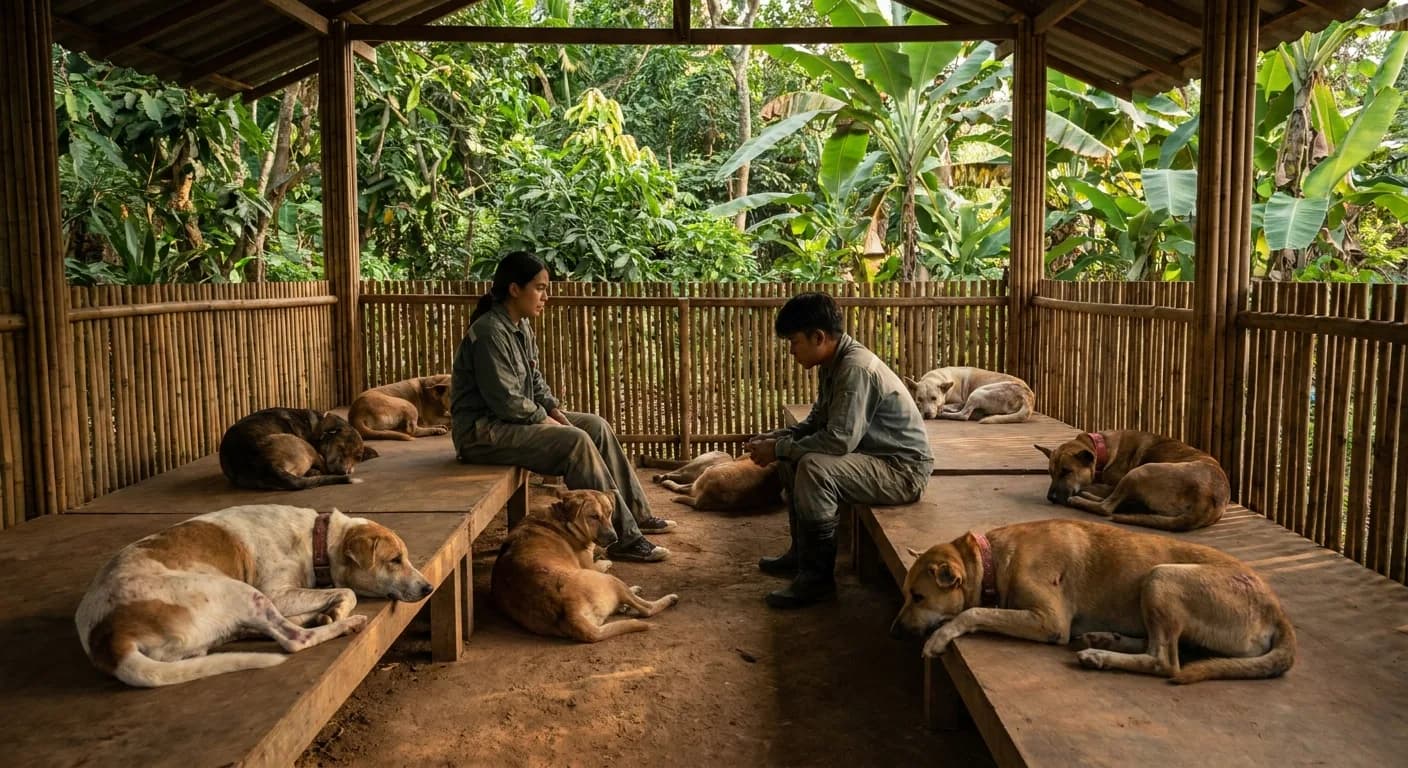 Rescued dogs resting together in a shaded open-air sanctuary enclosure